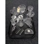A tray of crystal and glass, Edinburgh Crystal clock, knife rests,