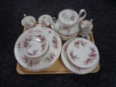 A tray of forty pieces of Royal Albert Lavender Rose tea and dinner china,