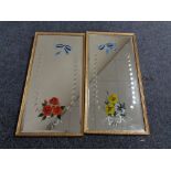 A pair of Edwardian gilt framed etched mirrors with hand painted decoration
