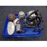 A tray of Selangor pewter urn, shell purses, brass salt and pepper pot,
