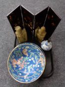 A tray of Oriental ware, lacquered four way screen, Chinese blue and white vase,