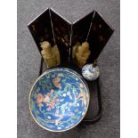 A tray of Oriental ware, lacquered four way screen, Chinese blue and white vase,