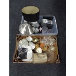 Two boxes of glass, kitchen storage jars, table lamps, wall clock,