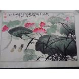 A mid century Japanese watercolour scroll depicting water lily, boxed.