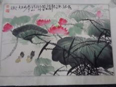 A mid century Japanese watercolour scroll depicting water lily, boxed.