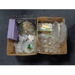 Two boxes of glass, some boxed items, serving bowls, cake stand,