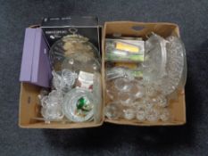 Two boxes of glass, some boxed items, serving bowls, cake stand,