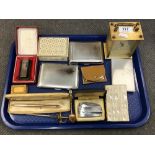 A tray of Colibri cigarette case, John Sterling lighter, Ronson lighter, clock,