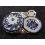 A tray of antique and later tea and dinner ware,