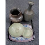 A tray of five pieces of antique and later pottery