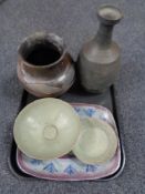 A tray of five pieces of antique and later pottery