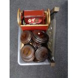 A box of wooden stands and lidded bowls, lidded jewellery box,