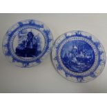 A pair of antique Royal Doulton blue and white plates - Battle of Trafalgar together with one other.