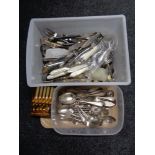 A tray of plated and stainless steel cutlery
