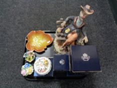 A tray of three boxed pieces of Aynsley tea china, flower posies, Capo style figure,