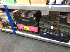 Seven boxes and two luggage cases, wire basket of CD's and DVD's