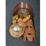 A tray of oak cased Bentima clock, wooden mask,