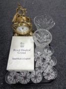 A tray of glass ware, crystal vases, Italian Bromioli whisky tumblers, boxed Doulton vase,