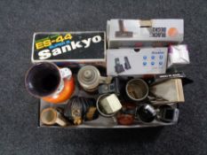 A box of West German vase, mobile phones, binoculars,