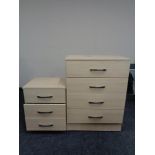 A pine effect four drawer chest and matching bedside chest