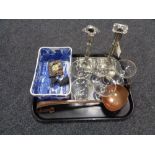 A pair of plated candlesticks, Babycham glasses, copper ladle,