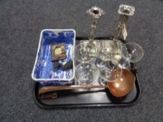 A pair of plated candlesticks, Babycham glasses, copper ladle,