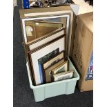 A gilt framed bevelled mirror and a box of pictures and prints