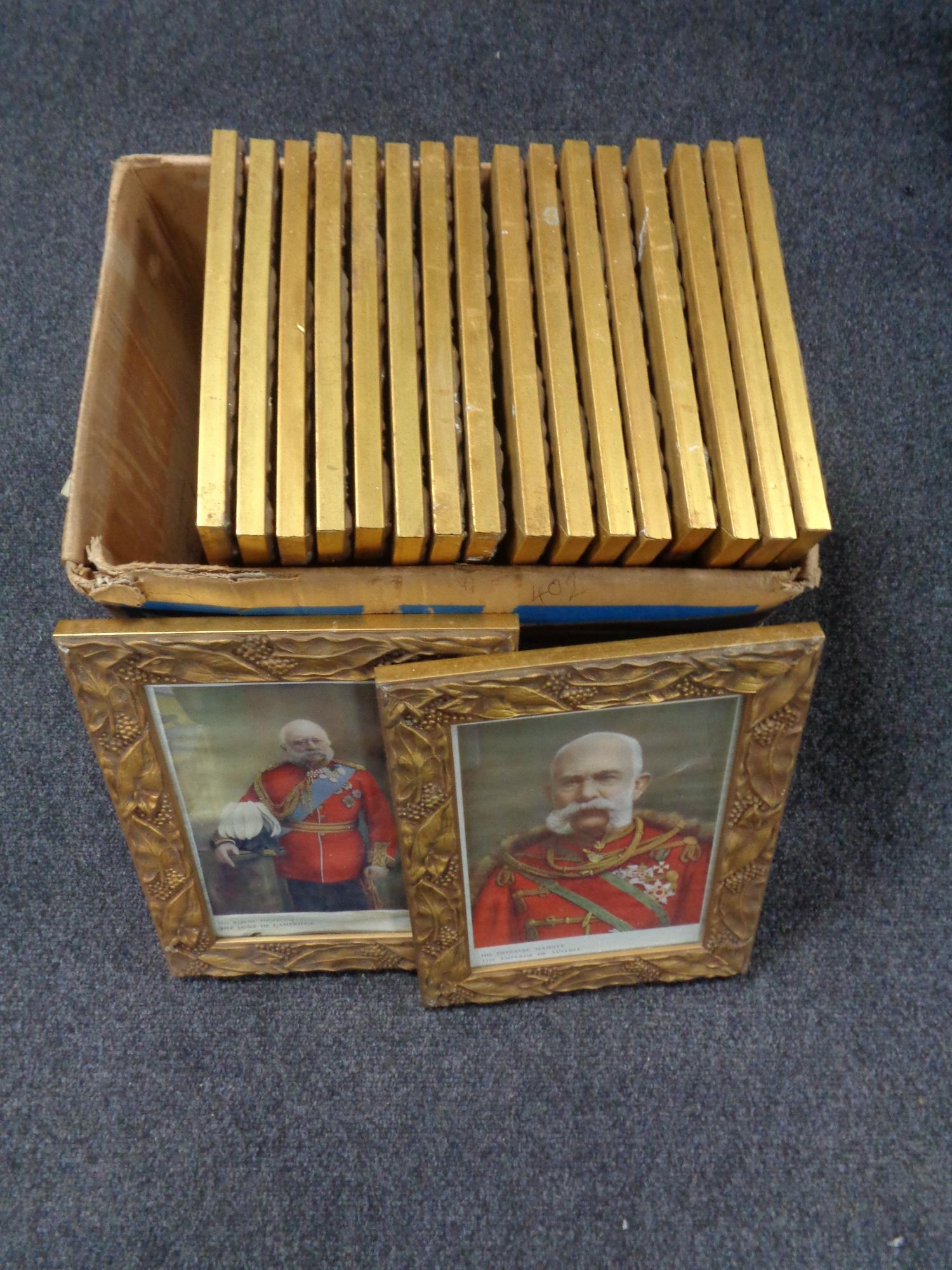 A box of eighteen gilt framed colour prints depicting Royalty of Europe in military dress