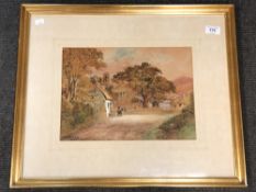 John Johnson : A village scene with a man on horse outside a thatched cottage, watercolour, signed,