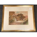 John Johnson : A village scene with a man on horse outside a thatched cottage, watercolour, signed,