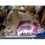 A box of cushions, curtains and fittings,