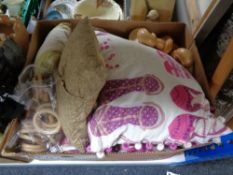 A box of cushions, curtains and fittings,