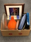 A box of 1970's orange glass table lamps base, colour prints of the Tyne Bridge,