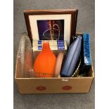 A box of 1970's orange glass table lamps base, colour prints of the Tyne Bridge,