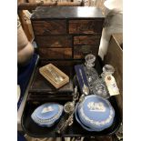 A tray of Japanese miniature chest, cutlery,