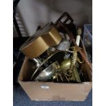 A box of brass and copper ware, copper pipe lamp,