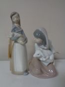 Two Lladro figures - girl with piglet and girl with lamb (2)