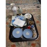 A tray of Royal Crown derby iron figure, two Doulton figures, Whimsies,