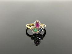 A 10ct gold ruby, sapphire, emerald and diamond set ring,