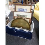 A crate of pictures, brass tray, prints,