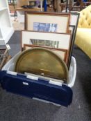 A crate of pictures, brass tray, prints,
