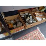 Three boxes of ceramics, glass ware, cutlery,