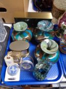 A tray of Mdina glass vases, paperweight,