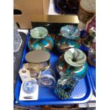 A tray of Mdina glass vases, paperweight,