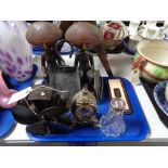 A tray of wooden figures, carriage clock, glass vase with silver mount,