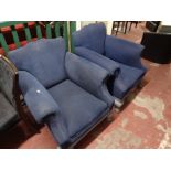 A pair of blue upholstered antique style armchairs