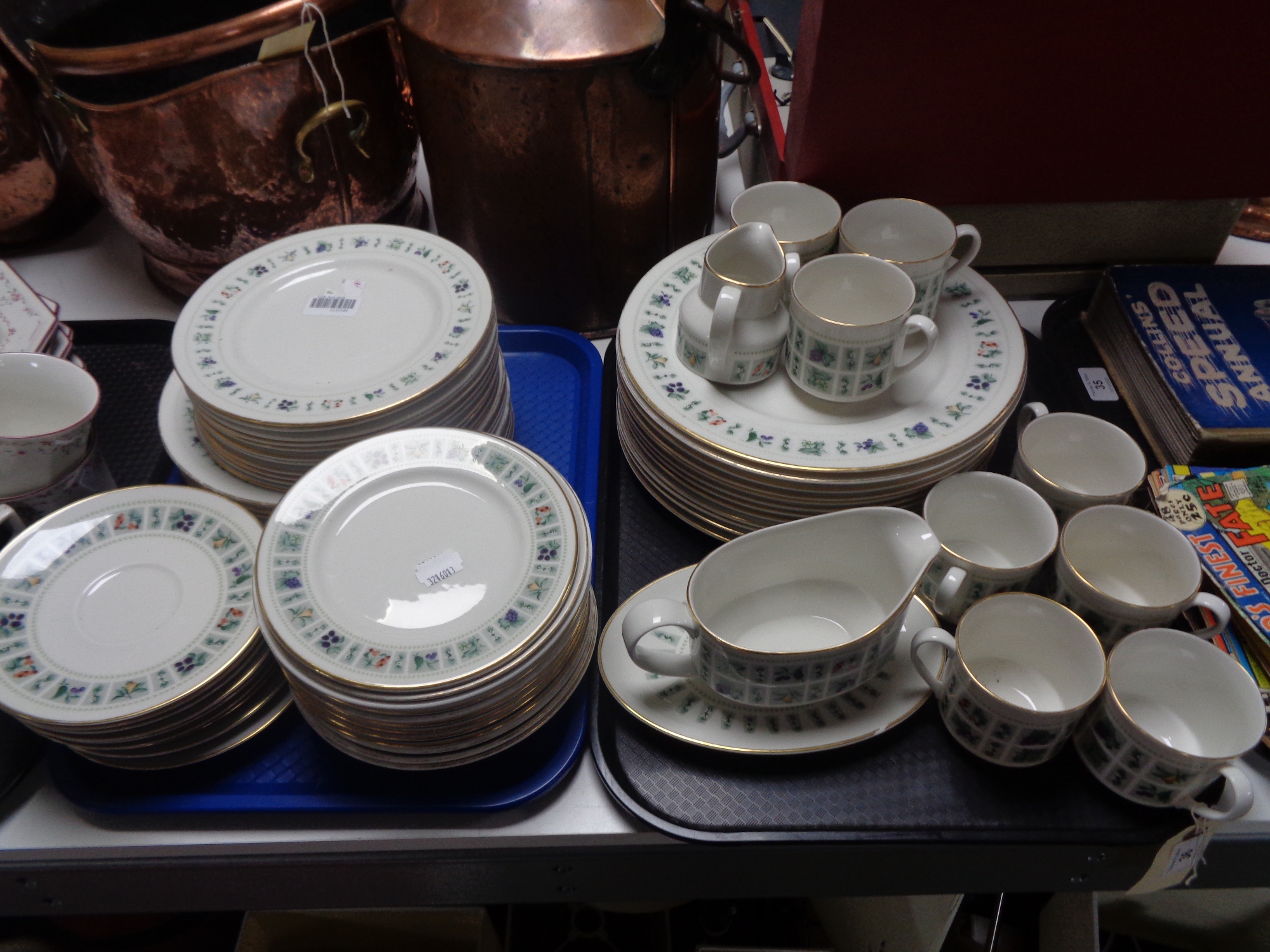 Two trays of Royal Doulton Tapestry pattern dinner ware and coffee china