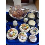 A tray of English china trinket pots, ornamental eggs on stand, carnival glass dish,