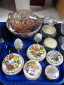 A tray of English china trinket pots, ornamental eggs on stand, carnival glass dish,
