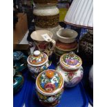 A tray of earthern ware, continental pots, ceramic jug and vase,